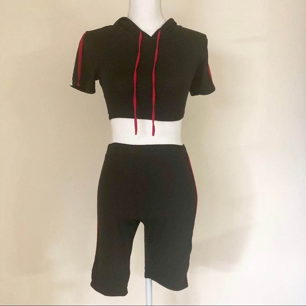 Crop Hoodie Top and Biker Shorts Tracksuit Set